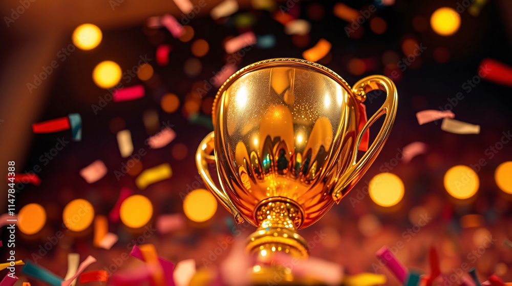 A Bright Gold Trophy Cup as the Focal Point, Highlighted by a Burst of Festive Confetti and Glittering Details to Symbolize Achievement and Joy A Bright Gold Trophy Cup as the Focal Point, Highlighted by a Burst of Festive Confetti and Glittering Details to Symbolize Achievement and Joy