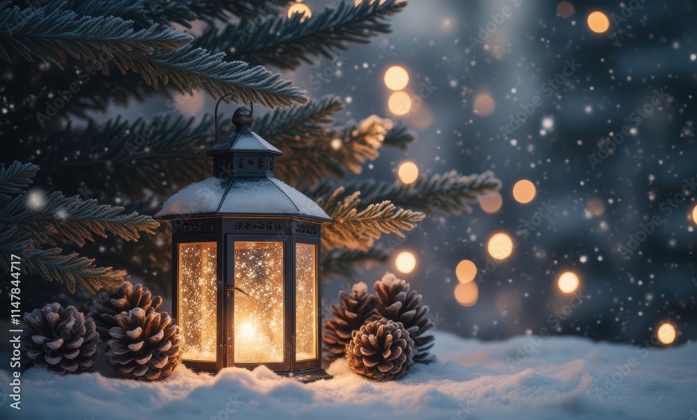 Cozy lantern by snow-covered pine Cozy lantern by snow-covered pine