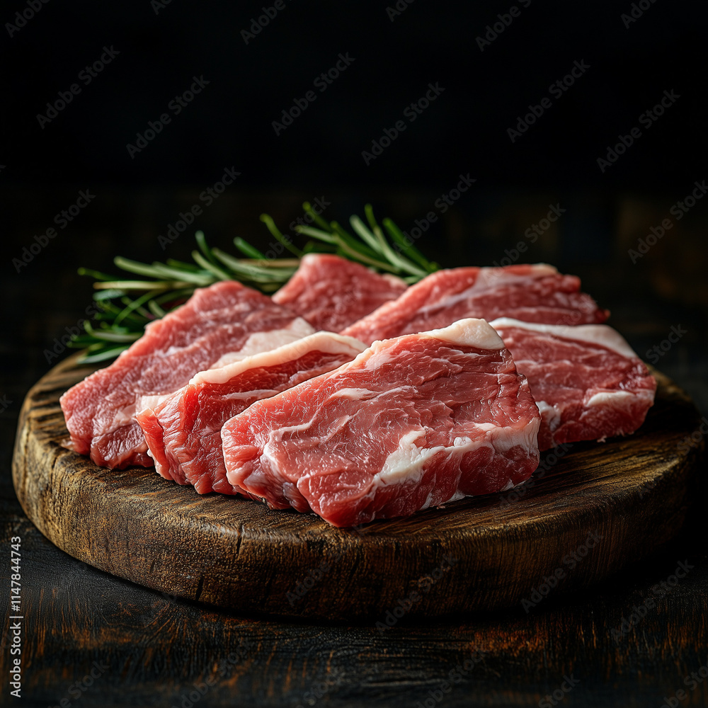 Fresh raw meat cuts rustic kitchen food photography dark background close-up culinary concept Fresh raw meat cuts rustic kitchen food photography dark background close-up culinary concept