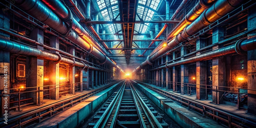 Drone Photography: Industrial Tunnel Infrastructure, Aerial View, Dark, Mysterious, Concrete, Steel, Pipes, Lighting, Underground, Industrial Architecture, Engineering Marvel Drone Photography: Industrial Tunnel Infrastructure, Aerial View, Dark, Mysterious, Concrete, Steel, Pipes, Lighting, Underground, Industrial Architecture, Engineering Marvel