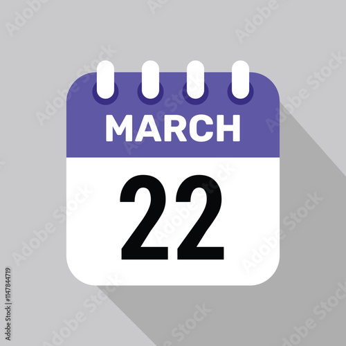 22 march calendar icon vector with date background. Vector schedule symbol.