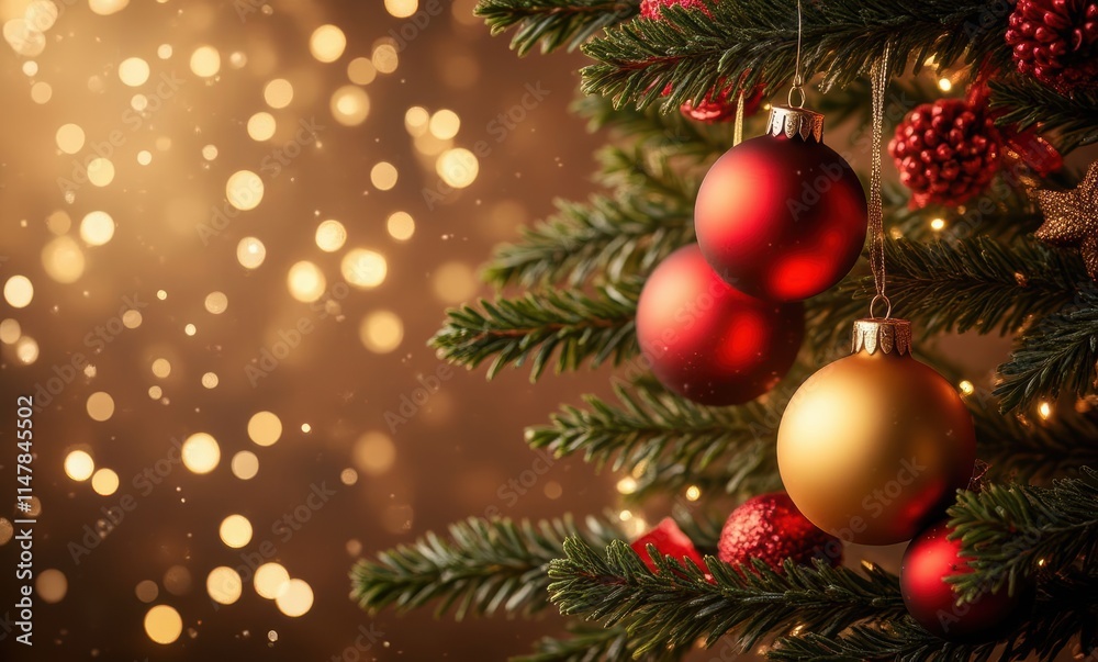 Festive Christmas tree decorations in gold and red Festive Christmas tree decorations in gold and red