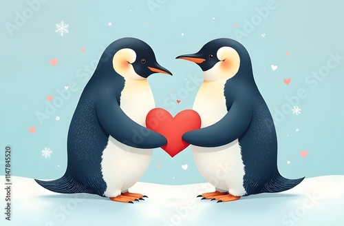 Two cute pinguins holding a heart. Perfect for Valentine's Day greetings and cards