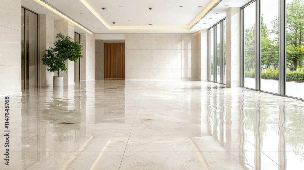 Fototapeta premium Spacious and bright modern office lobby featuring polished marble floors with reflections and large windows.
