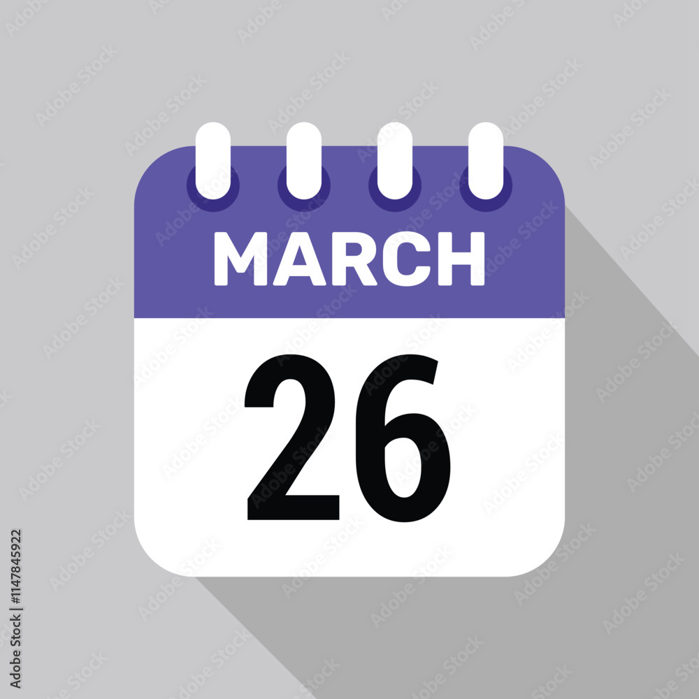 26 march calendar icon vector with date background. Vector schedule symbol. 26 march calendar icon vector with date background. Vector schedule symbol.
