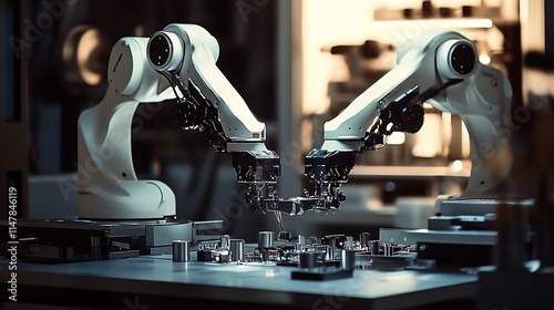 Two robotic arms working together on an assembly line in a factory.