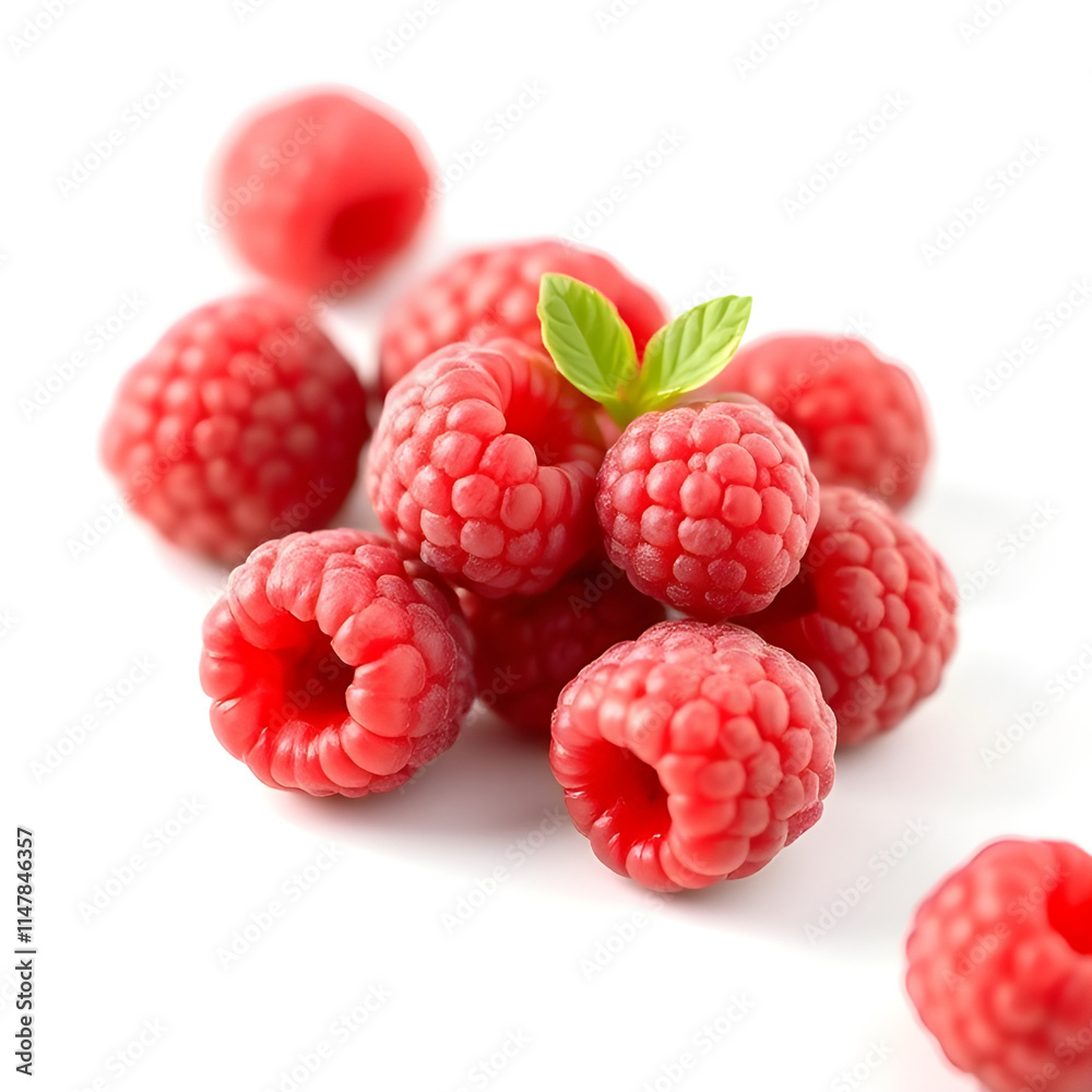 Ripe raspberries with leaves isolated on a white background Ripe raspberries with leaves isolated on a white background