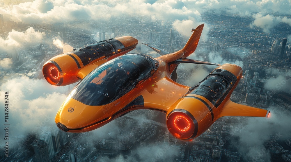 Futuristic orange aircraft above city clouds. Futuristic orange aircraft above city clouds.