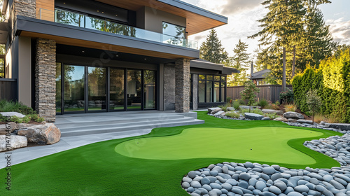 Golf practice area design modern home exterior landscaping residential eye-level outdoor relaxation concept photo