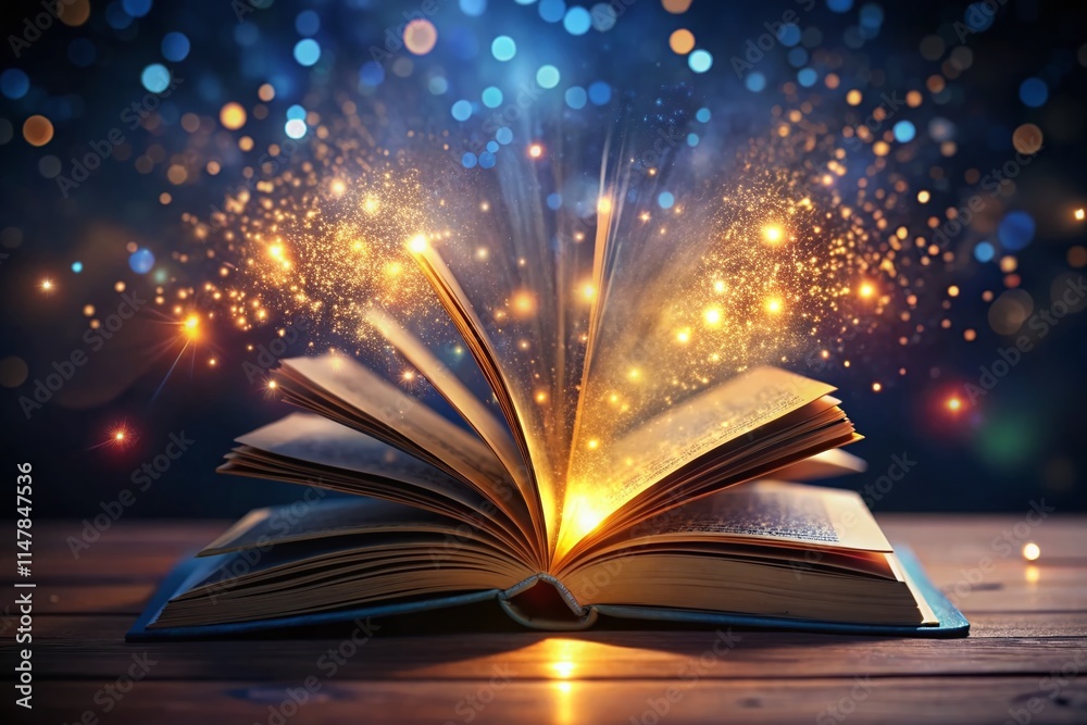 Drone Shot: Magical Book, Open Pages, Abstract Lights, Fairytale, Fantasy, Night, Dark, Mysterious, Illuminated, Literature Drone Shot: Magical Book, Open Pages, Abstract Lights, Fairytale, Fantasy, Night, Dark, Mysterious, Illuminated, Literature