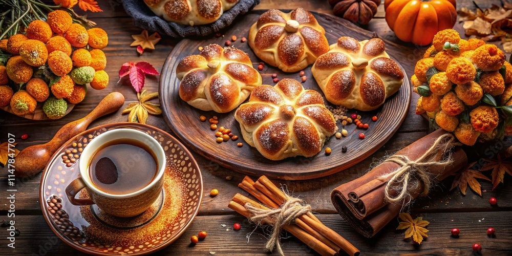 Drone Shot: Pan de Muerto & Coffee, Aerial View, Day of the Dead, Mexican Tradition, Autumnal Colors