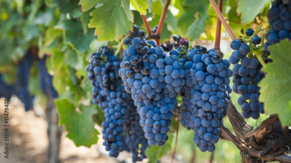 Cluster of ripe blue grapes hanging from a vine with lush green leaves, captured in a vineyard under natural light Cluster of ripe blue grapes hanging from a vine with lush green leaves, captured in a vineyard under natural light