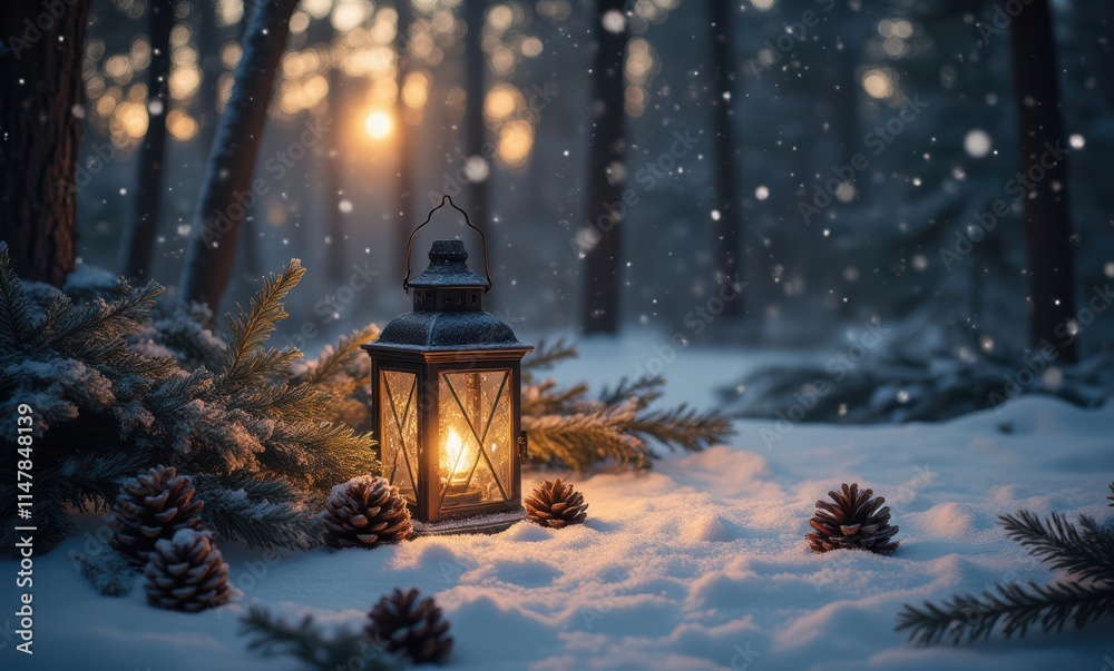 Lantern glowing in snowy forest Lantern glowing in snowy forest