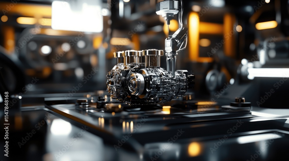 High-Tech Mechanical Engine Component in Modern Factory Setting High-Tech Mechanical Engine Component in Modern Factory Setting