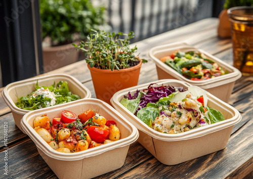 Healthy fresh organic food with drink in paper container for healthy lunch or snack.Macro.AI Generative.