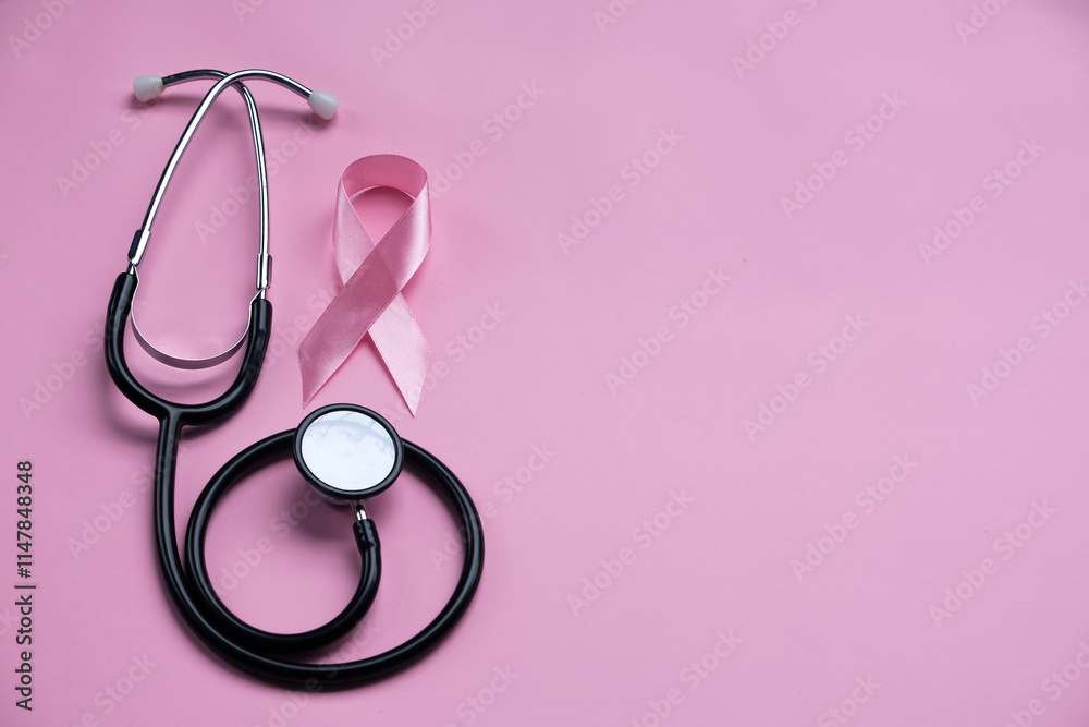 Stethoscope with pink ribbon on color background. Breast cancer ribbon Stethoscope with pink ribbon on color background. Breast cancer ribbon