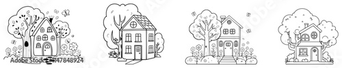 Cute house outline with fence, gate, trees, flower garden and yard for colouring purposes.	