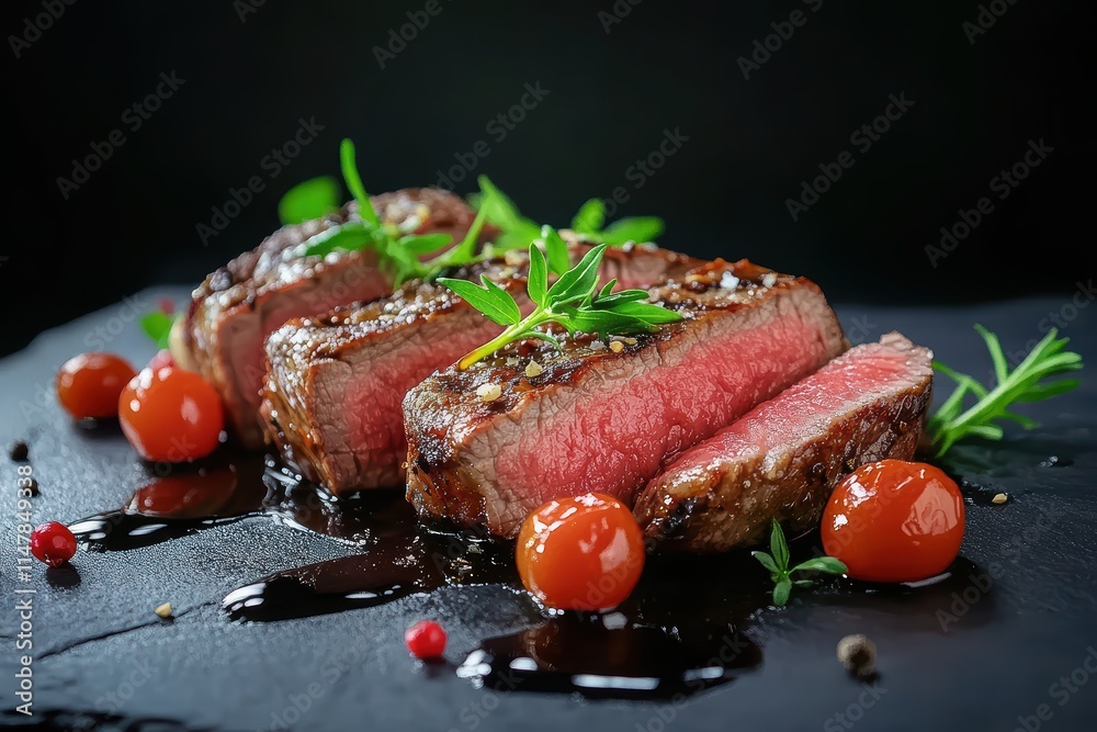 Juicy Grilled Steak with Cherry Tomatoes and Herbs on Black Plate Juicy Grilled Steak with Cherry Tomatoes and Herbs on Black Plate