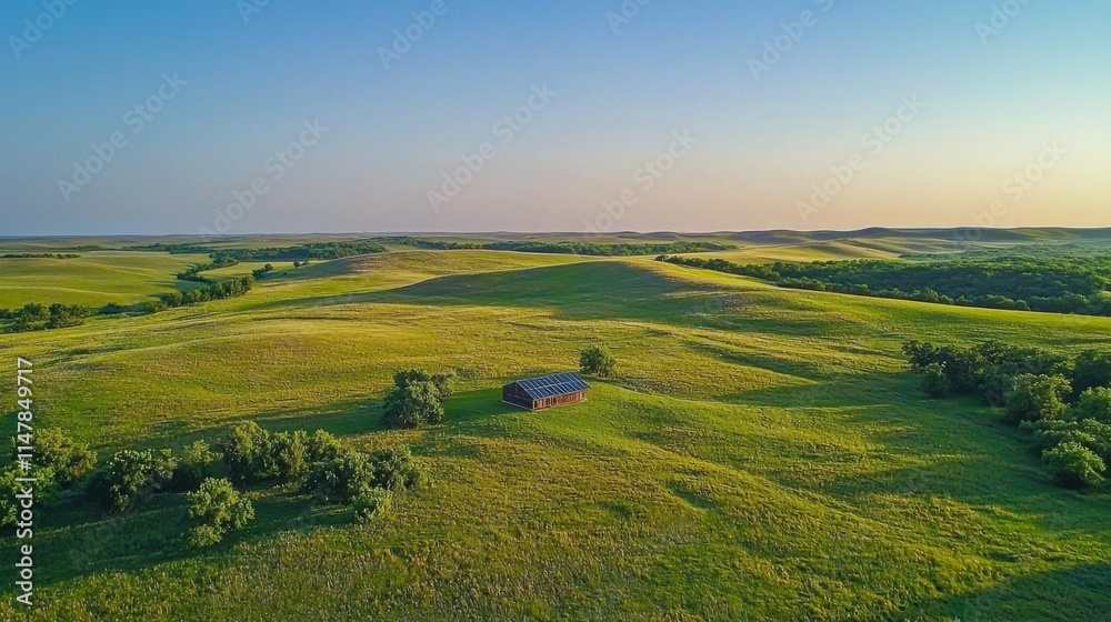 A large field with a small house in the middle A large field with a small house in the middle