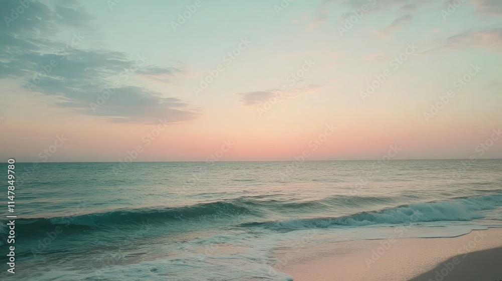 Serene Coastal Sunset Over Tranquil Waves and Gentle Shoreline View Serene Coastal Sunset Over Tranquil Waves and Gentle Shoreline View