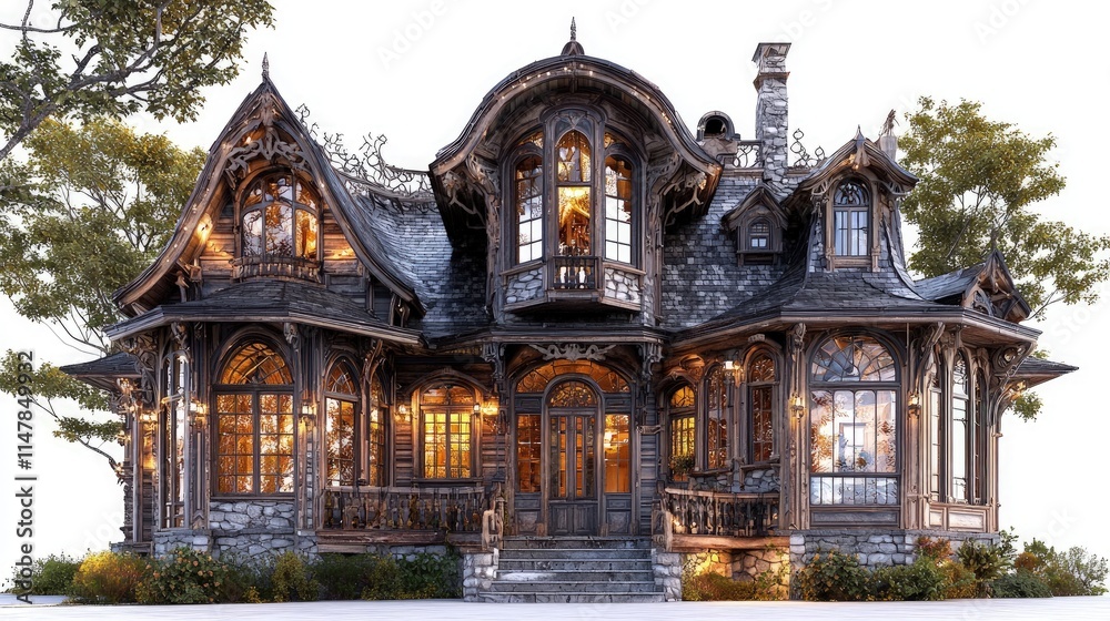 Fototapeta premium Ornate Victorian gothic cottage with warm glowing windows and intricate wood carvings isolated on a white background.
