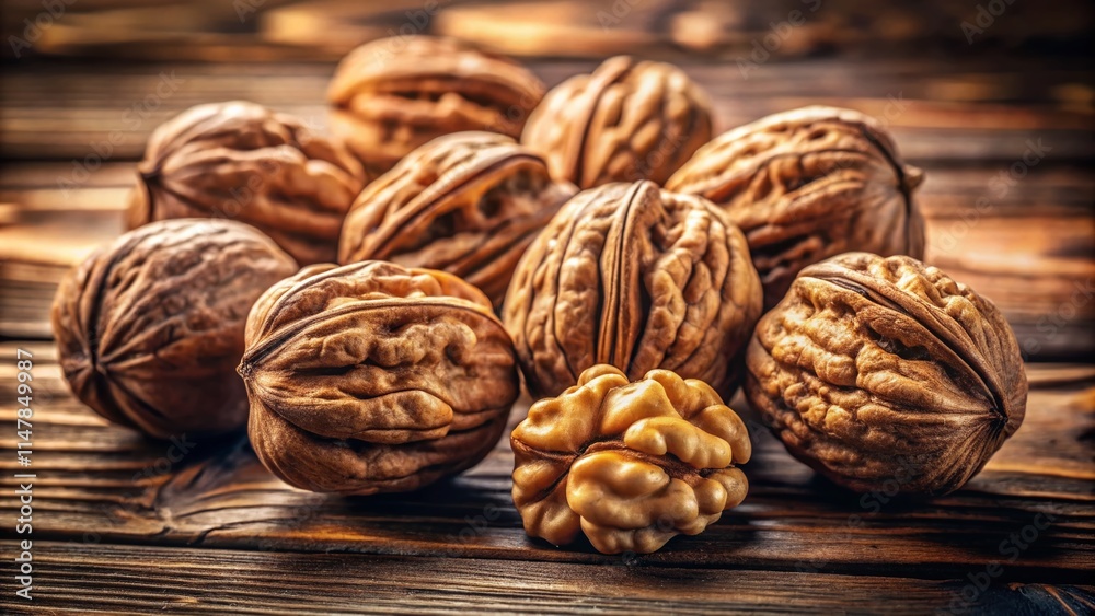 Drone View Walnuts Rustic Wood Brain Food Natural Healthy Closeup Drone View Walnuts Rustic Wood Brain Food Natural Healthy Closeup