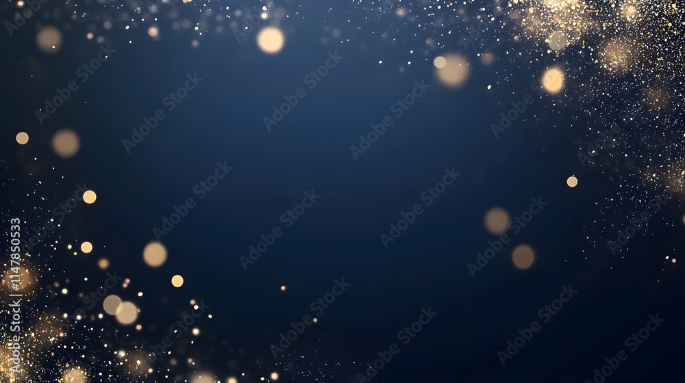 Fototapeta premium Golden sparkles frame a dark blue background
