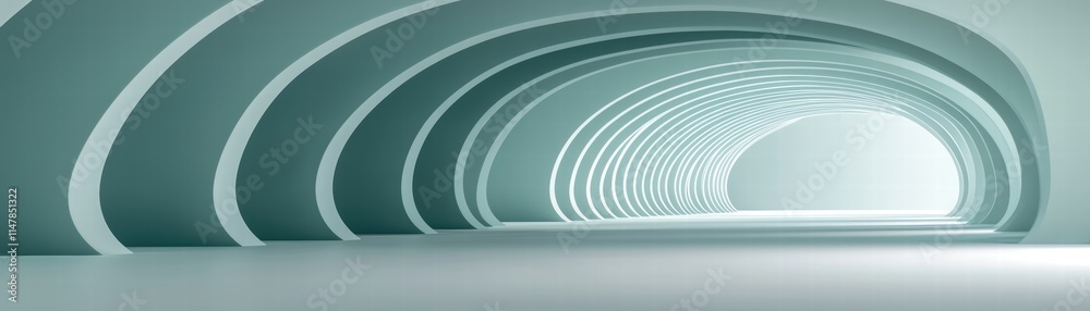 Fototapeta premium A minimalistic, futuristic interior featuring curved arches and a soft light, creating an immersive and serene atmosphere, Visually minimalist tunnel with white walls