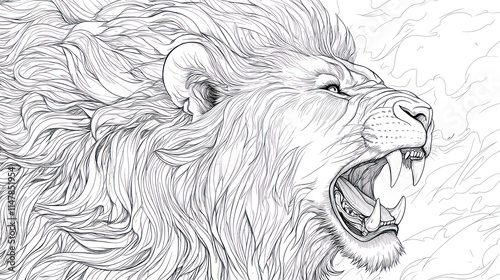 Roaring Lion Detailed Line Art Majestic Mane photo