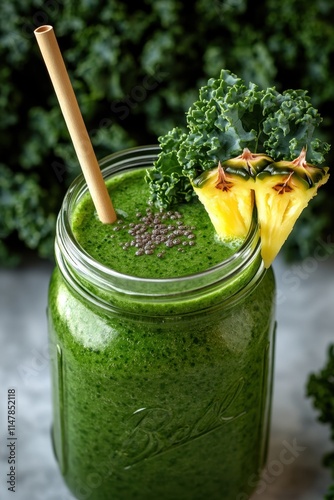 Green smoothie in mason jar with kale, pineapple, and chia seeds.