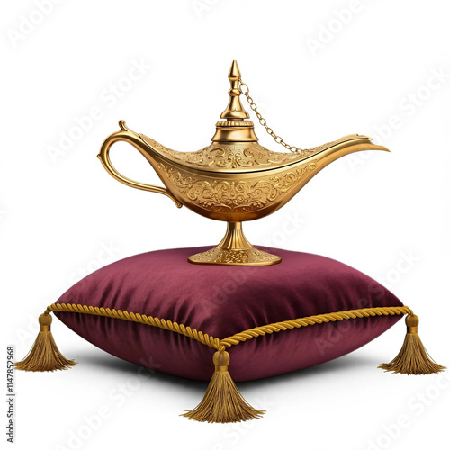 Aladdin's lamp on a beautiful pillow on isolated background. photo