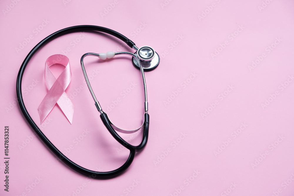 Stethoscope with pink ribbon on color background. Breast cancer ribbon Stethoscope with pink ribbon on color background. Breast cancer ribbon