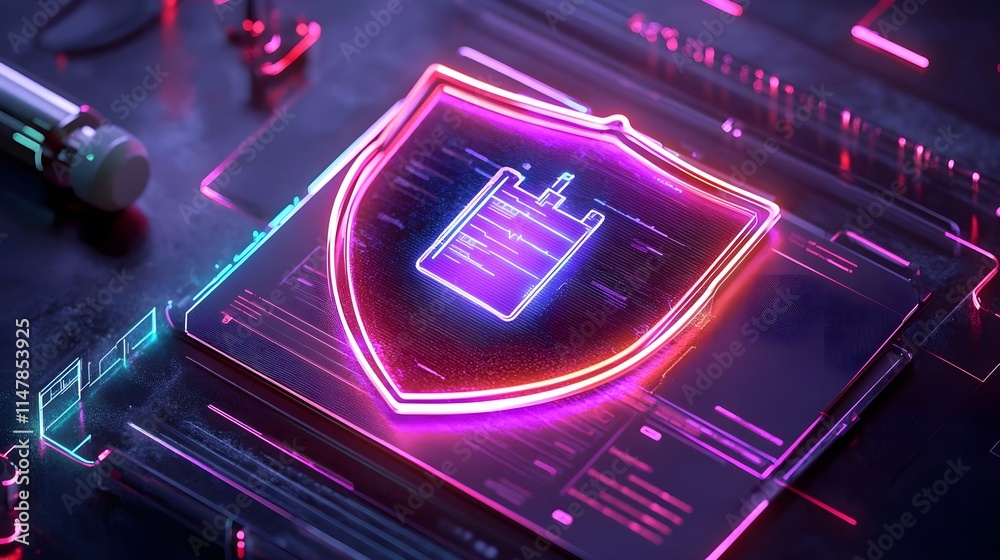 neon cyber security shield data protection - futuristic technology neon cyber security shield data protection - futuristic technology