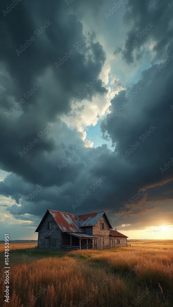 Rural farmhouse nestled amidst an expansive landscape, dominated by a dramatic sky filled storm clouds Rural farmhouse nestled amidst an expansive landscape, dominated by a dramatic sky filled storm clouds