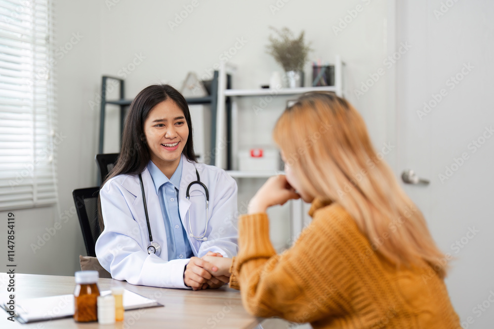 Fototapeta premium Female Doctor Providing Health Advice and Medicine Guidance in a Professional Medical Consultation Setting