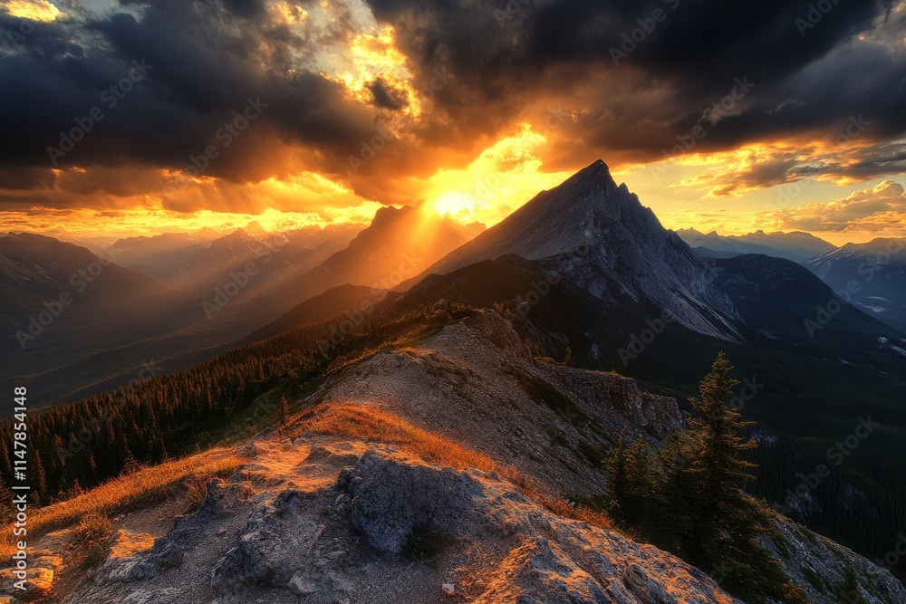 Obraz premium A mountain range with a sun setting behind it. The mountains are covered in trees