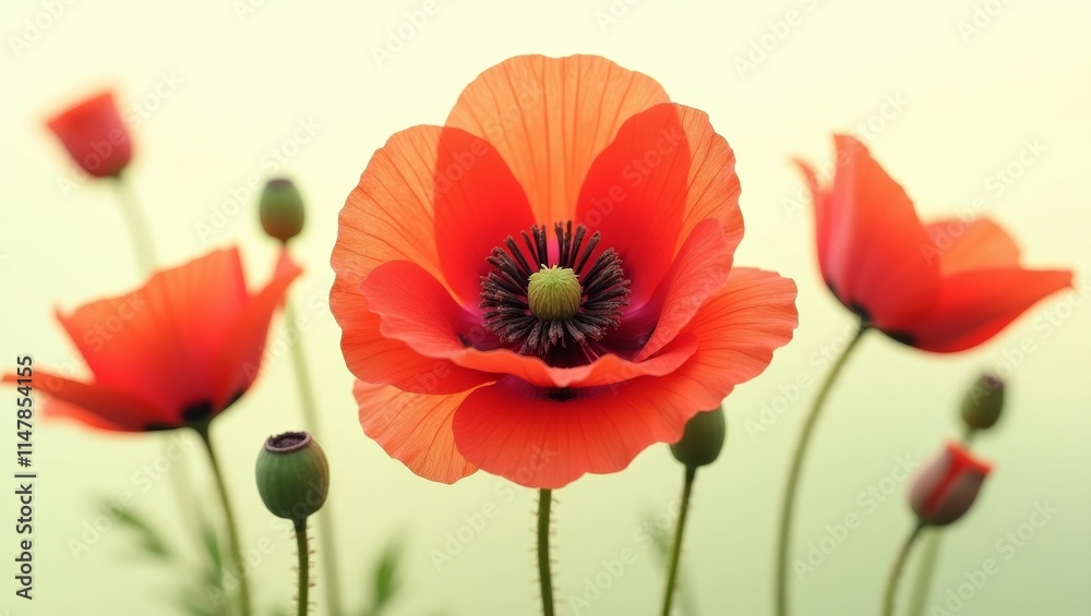 Red poppies blooming in spring against light green background Red poppies blooming in spring against light green background