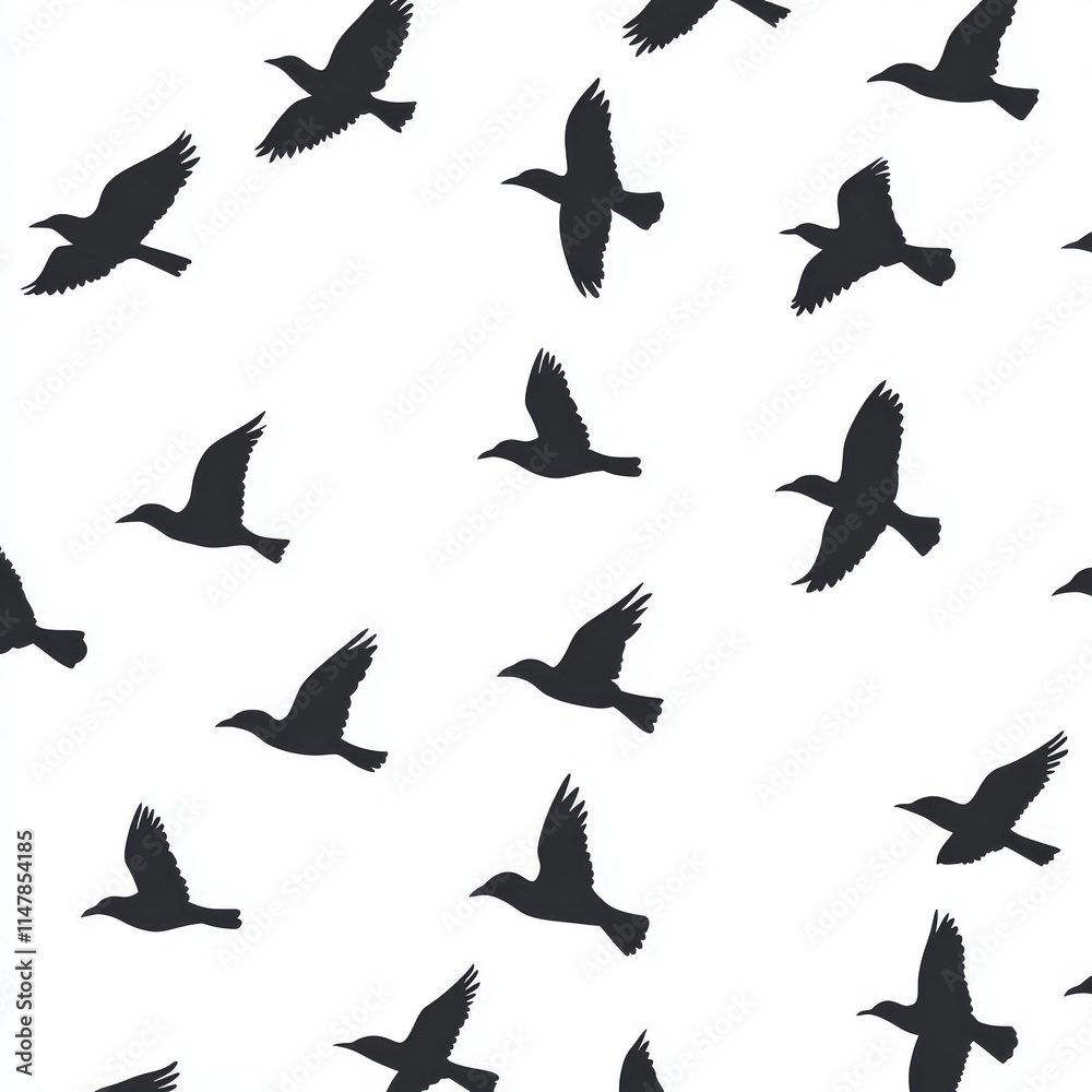 Black bird silhouettes in flight create a seamless pattern on a white background, ideal for design and artistic projects. Black bird silhouettes in flight create a seamless pattern on a white background, ideal for design and artistic projects.