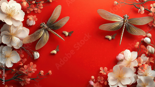 Celebrating China's New Year with Golden Dragonflies on Bold Red Background photo