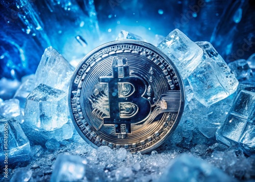 Frozen Bitcoin Price: Crypto Winter Stablecoin Ice Cryptocurrency Digital Currency AI Generated Image photo