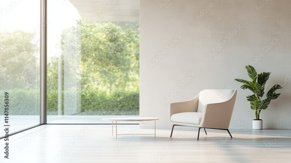 Fototapeta premium Minimalist modern lounge with clean, sophisticated design. Featuring sleek lines and muted hues
