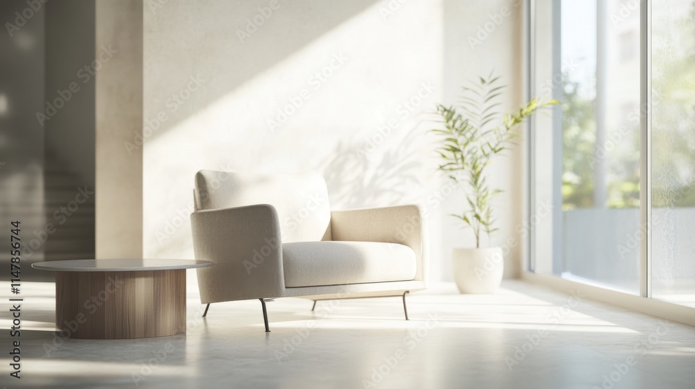 Fototapeta premium Minimalist modern lounge with clean, sophisticated design. Featuring sleek lines and muted hues