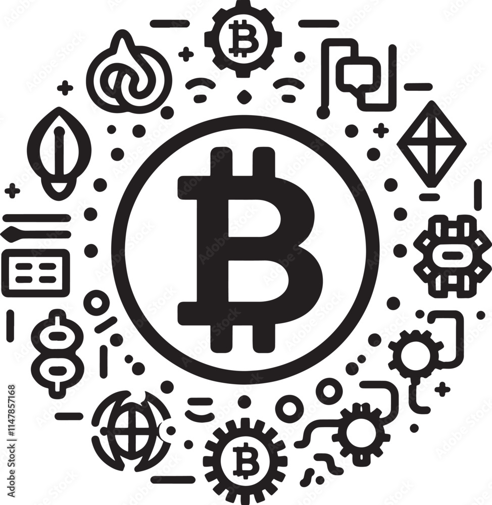Bitcoin cryptocurrency symbol surrounded by related icons. Bitcoin cryptocurrency symbol surrounded by related icons.