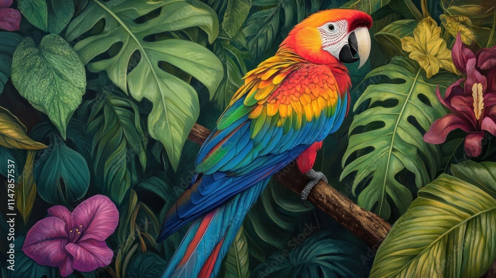 Fototapeta premium Vibrant Macaw Perched Amidst Lush Tropical Foliage