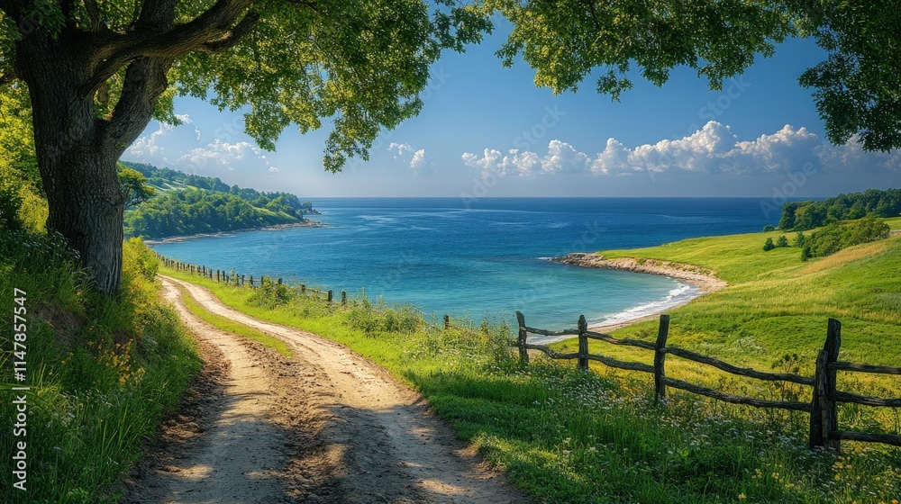 Coastal path, verdant hills, tranquil ocean view. Coastal path, verdant hills, tranquil ocean view.