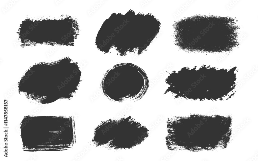 Textured black brush strokes irregular shapes rectangles, ovals, rough circles. Messy patterns, sharp edges, gritty smudges, bold blotches. Features uneven raw surfaces, chaotic jagged details