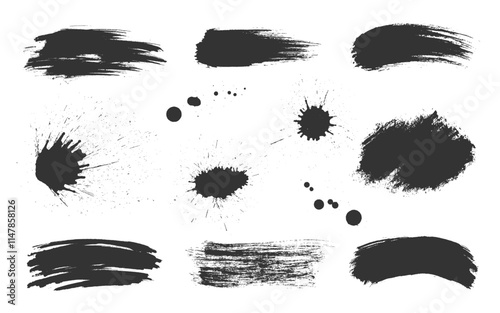 Black brush strokes, ink irregular shape splatters. Wide smears, splashes, dynamic blots, scattered dots, rough edges, messy streaks uneven marks textured surfaces with abstract forms jagged outlines