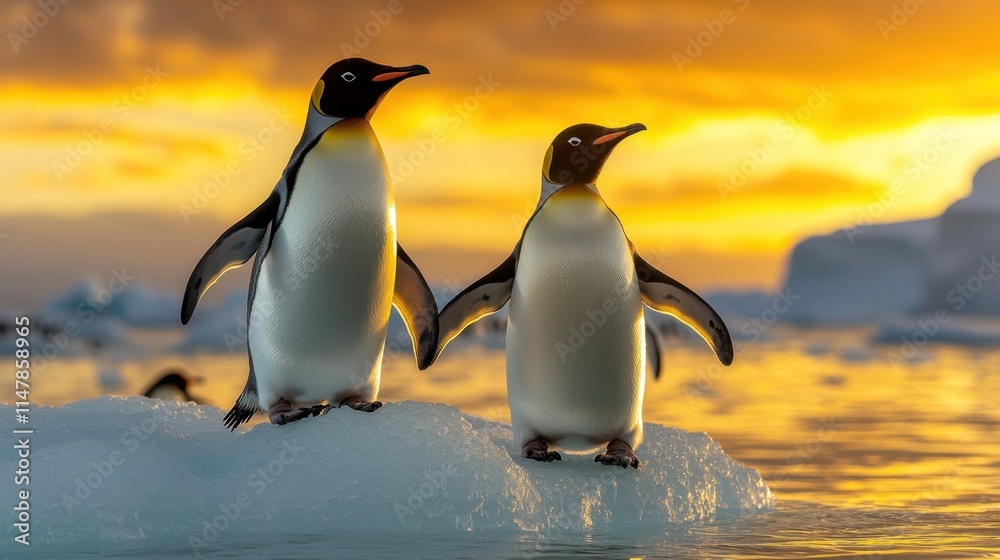 Obraz premium The mesmerizing scene captures a group of penguins gracefully waddling on a pristine iceberg bathed in the warm hues of the setting sun