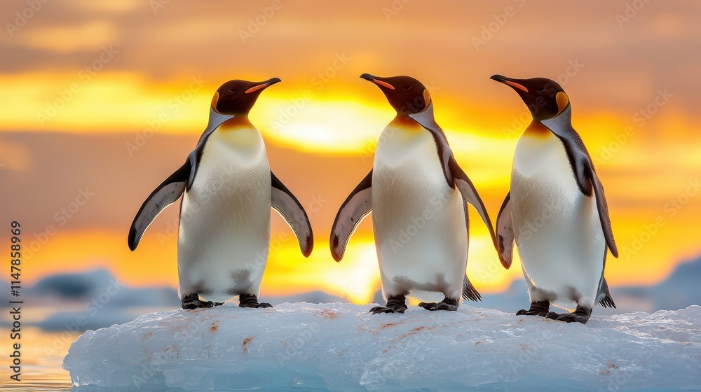 Obraz premium The mesmerizing scene captures a group of penguins gracefully waddling on a pristine iceberg bathed in the warm hues of the setting sun