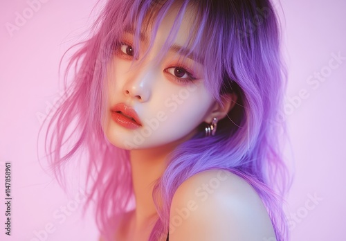 K-pop idol-style portrait of a female singer with long hair in shades of purple and blue